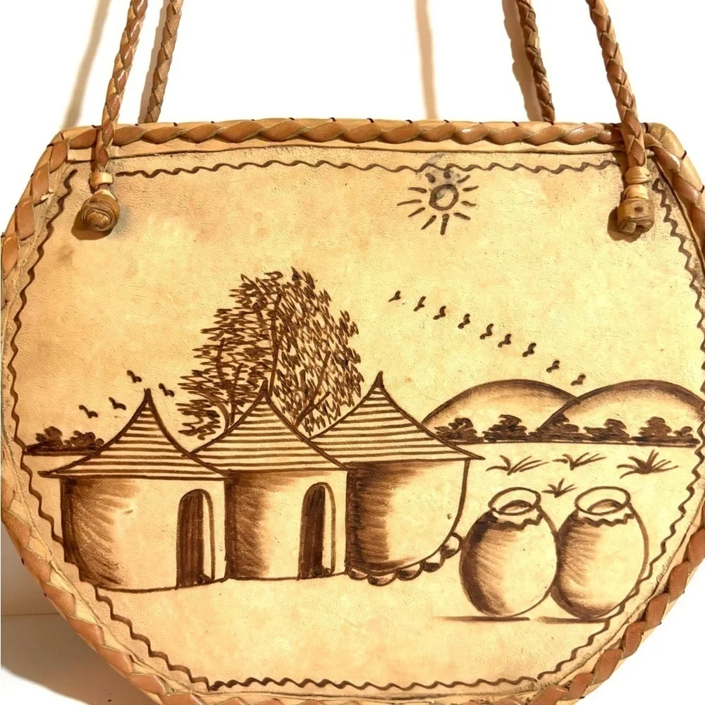 Handcrafted  handmade Africa  Tan Leather suede straw  woven Shoulder Bag